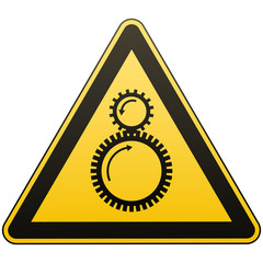 Carefully tightening between rotating elements is possible. Attention is dangerous. Warning sign. Safety precautions. Yellow triangle with black image. Isolated object on white background. Vector