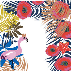 Tropical exotic border frame template with bright green jungle palm tree monstera leaves and pink flamingo birds couple. Horizontal landscape orientation. Place for text in the middle.