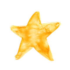 Simple abstract golden star painted in watercolor on clean white background. Illustration with rough canvas texture