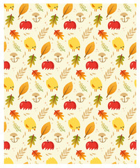 Seamless vector pattern with autumn leaves, apples and little baby chicks.
