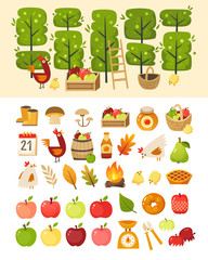 Apple season at farm garden. Vector icons of most common tools, containers and animals at harvest time