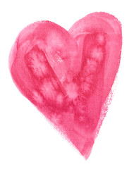 Big abstract asymmetrical bright pink heart painted in watercolor on clean white background. Illustration with rough canvas texture