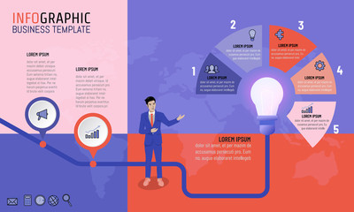 Vector illustration of business man infographic presentation template with 2 and 5 options timeline planning strategy for business concept. Light bulb idea for timeline, milestone, progress, diagrams.