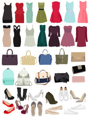 set, women's handbags, dresses, shoes