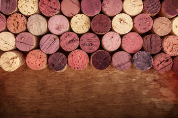 Wine corks background, overhead photo of red and white wine corks with copyspace