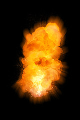 Realistic fiery vertical explosion, orange color with sparks isolated on black background