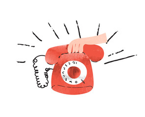red retro phone ringing. vector illustration of ringing telephone. answering the phone. social media watercolor illustration. 