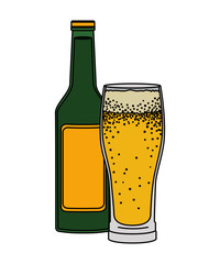 glass with beverage and bottle vector illustration design