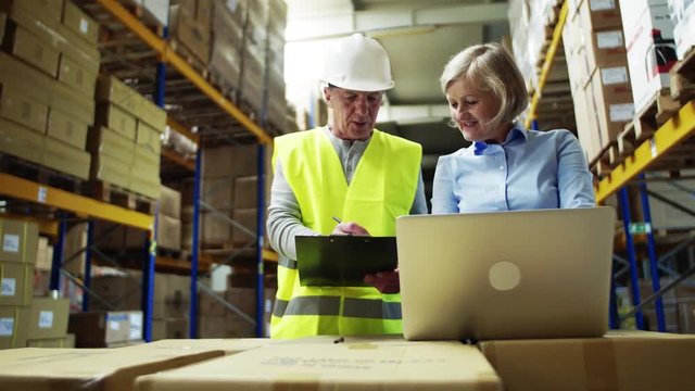 Senior woman manager with laptop and man worker working in a warehouse.