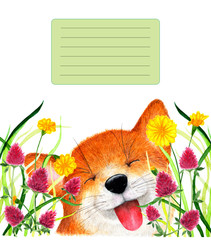 Cover for notebook with smiling fox. Watercolor illustration.
Smiling fox sitting in the grass. Background for design, printing on paper. Illustration for product advertising.