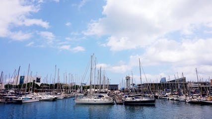 Ships anchored at anchor in the harbor of the port of Barcelona