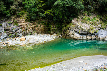 Shakadang hiking trail river view with crystal clear water and marble rock in Taroko gorge national park Hualien Taiwan