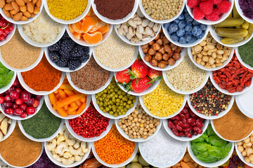 Früchte Gemüse Obst Essen Food Hintergrund Nüsse Gewürze Beeren Zutaten von oben