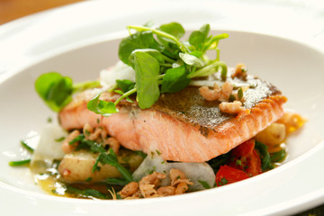 plated salmon steak meal