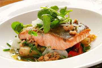 plated salmon steak meal