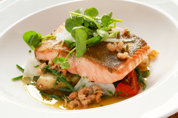 plated salmon steak meal