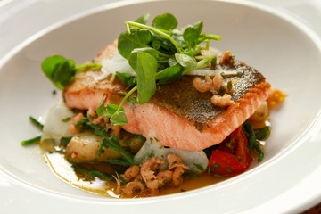 plated salmon steak meal