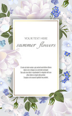 Template for greeting cards, wedding decorations, invitation, sales. Vector banner with Luxurious summer flowers. Spring or summer design. Space for text.