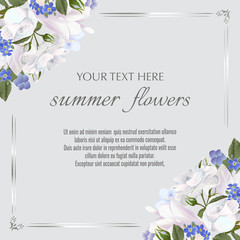 Template for greeting cards, wedding decorations, invitation, sales. Vector banner with Luxurious summer flowers. Spring or summer design. Space for text.
