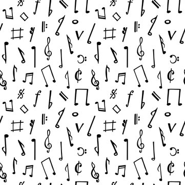 Seamless vector pattern with music notes. Black and white abstract background.