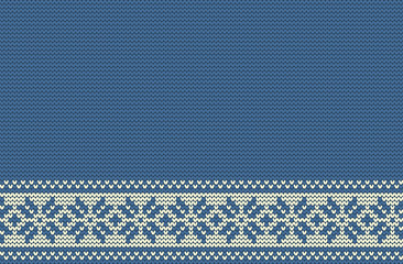 Seamless knitted pattern on a blue background. Ornament. Winter border. It can be used as a Christmas background. Vector illustration.