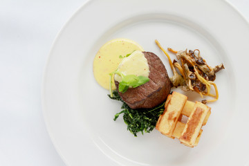 plated fillet steak meal