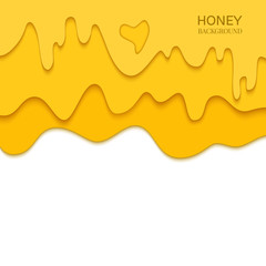 Set of melting dripping honey drops on white background made in paper cut style. Isolated vector illustration.