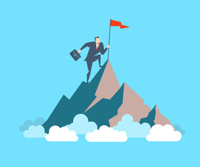 Happy young businessman sets his flag on the top of the mountain.
The concept of victory.
Flat style vector illustration