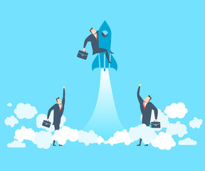 Happy young businessman on the rocket soars up
The concept of victory.
Teamwork.
Flat style vector illustration