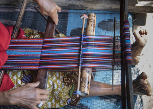 Traditional weaving wooden machines view for SONGKET clothes of Lombok dress style in Indonesia