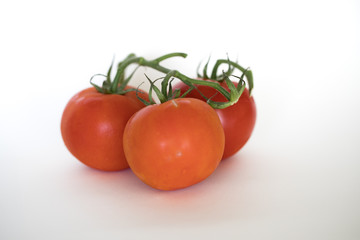 three red tomatoes on a branch on a white background