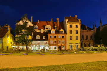 Houses in Riga old town at night, Latvia
