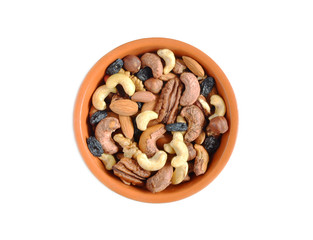Nuts and raisins in a Cup on a white background isolate healthy food beneficial trace elements nuts