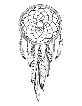 Dream catcher hand drawn sketch ethnic illustration with feathers on a white background isolated