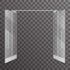 Shop double open doors transparent realistic glass architectural design interior element vector illustration