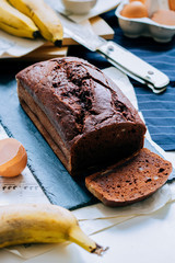 Chocolate banana bread. Morning breakfast with coffee and cake.