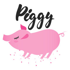 Illustration of pig as symbol of Chinese zodiac sign. 2019 Eastern pig year. Fun brush pink vector image for banners, greeting card, poster design.