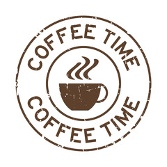 Grunge brown coffee time word with cup icon round rubber seal stamp on white background