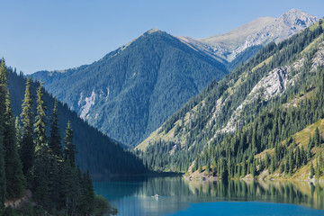 Fototapeta na wymiar summer beautiful panorama of the mountain lake Kolsai in Kazakhstan