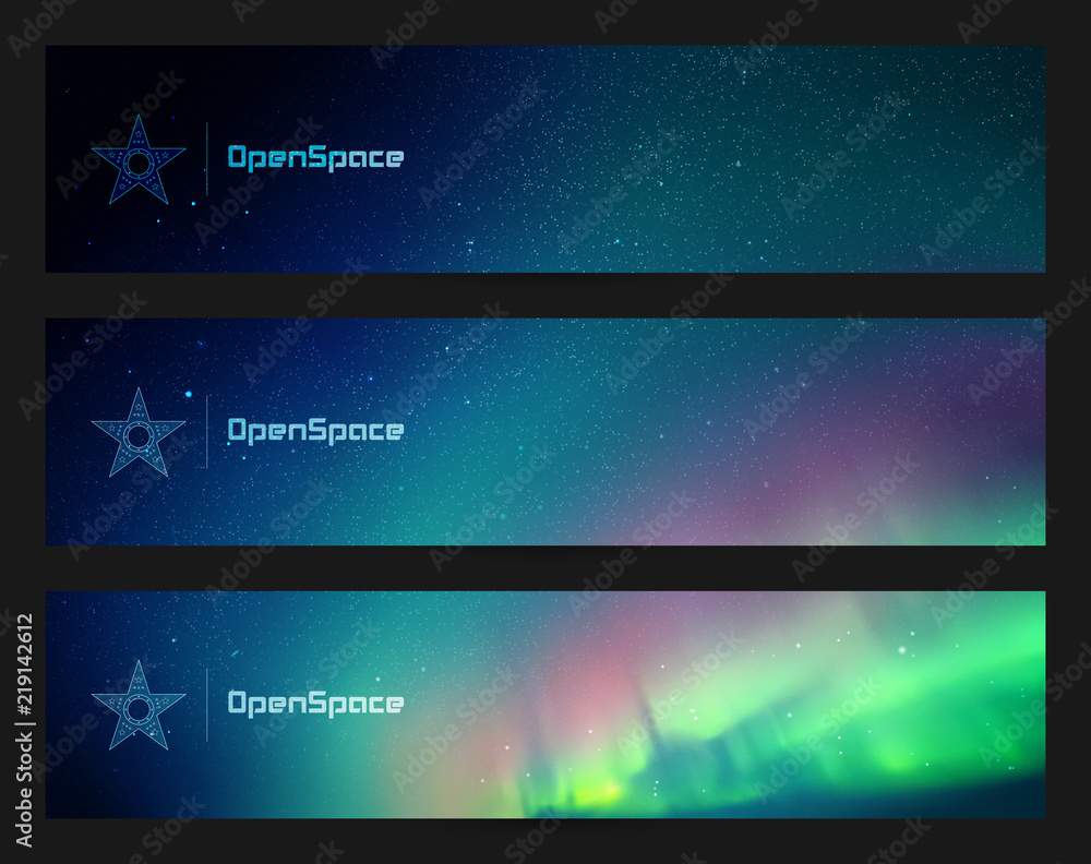Sticker set of horizontal banners with beautiful starry sky and northern lights. vector illustration with au