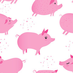Seamless pattern of pigs as symbol of Chinese zodiac sign. 2019 Eastern pig year. Fun brush pink vector illustration for banners, greeting card, poster design.