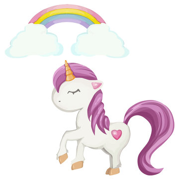 Cute cartoon unicorn character and rainbow vector illustration