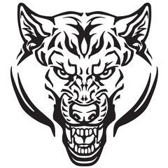 Wolf head front view . Angry wild predator . Tribal tattoo style black and white vector