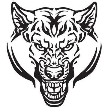Wolf head front view . Angry wild predator . Tribal tattoo style black and white vector