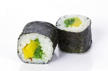 Sushi rolls japanese food isolated on white background.Menu of the Japanese restaurant. Traditional rolls with seaweed and a variety of fillings