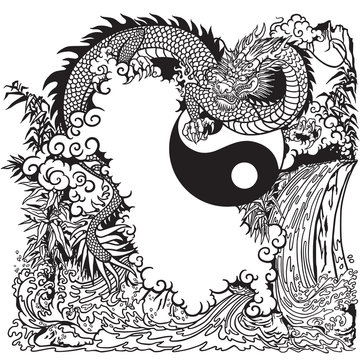 Chinese dragon in a landscape with waterfall , rocks ,plants and clouds . Vector illustration included Yin Yang symbol. Black and white coloring page