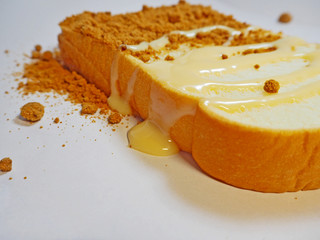 Toast with sweet condensed milk and brown sugar.