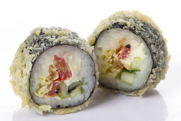 Sushi rolls japanese food isolated on white background.Japanese Restaurant Menu.Two rolls with salmon coated with fish crumbs