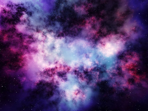 Glowing gas clouds of purple nebula in outer space