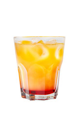 Multi-colored two-layer opaque cocktail in a low glass with ice cubes with melon, pear, apple, berries, fruit, pineapple, orange, apricot, peach. Side view Isolated white background Drink for the menu